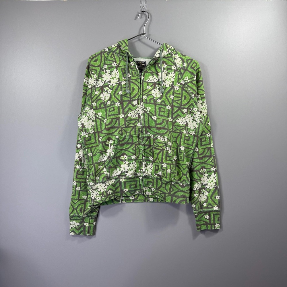 Lucky Brand Hoodie Womens XL Green Hawaiian Floral Full Zip Fleece Sweatshirt